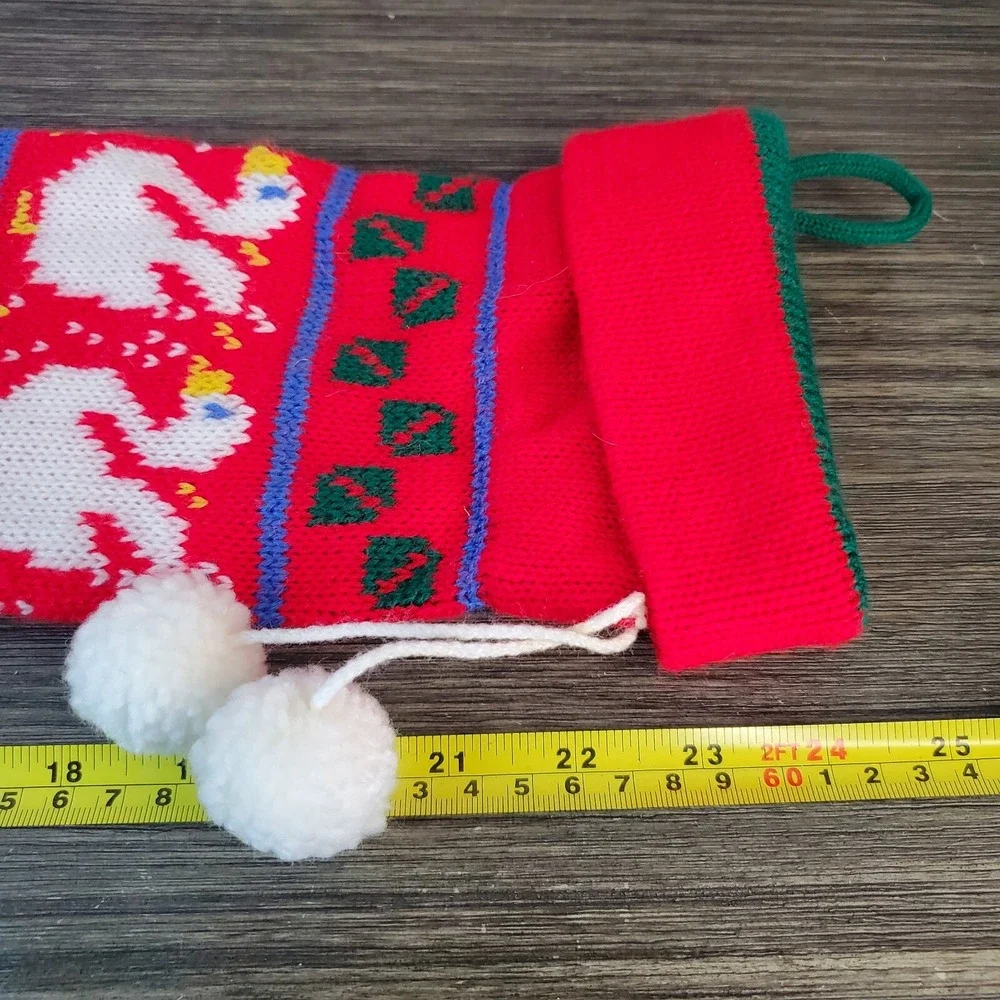 Vintage Knit Merry Red Christmas Stocking Sock Noel White Swans Ducks - 24